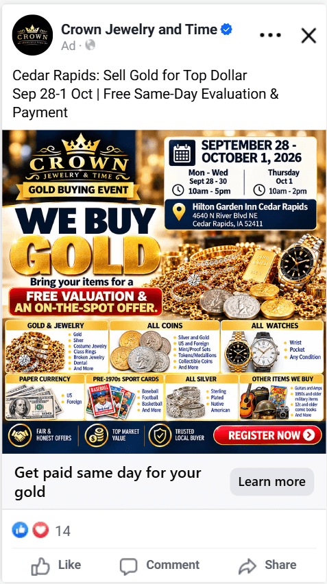 Crown Jewelry Cedar Rapids event registration Meta ad