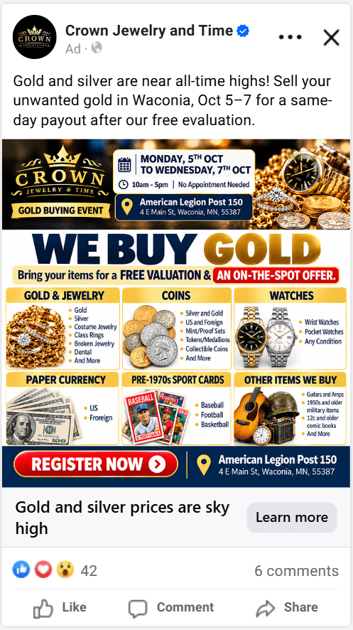 Crown Jewelry Waconia event registration Meta ad